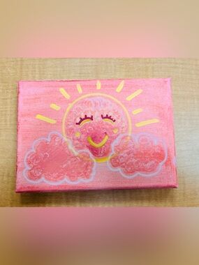 Hand-Painted Smiling Sun Canvas - Pink & Yellow 5x7 you get 2 pics for 1